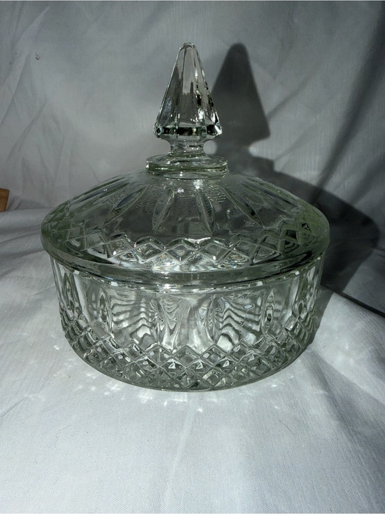 Other - Vintage Clear Pressed Glass Lidded Candy Dish - Diamond & Starburst Pattern